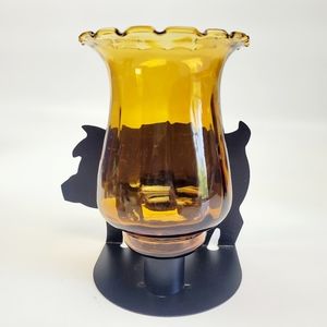 Vintage Hand Blown Amber Crystal Votive Cup in a Black Pig Shaped Stand